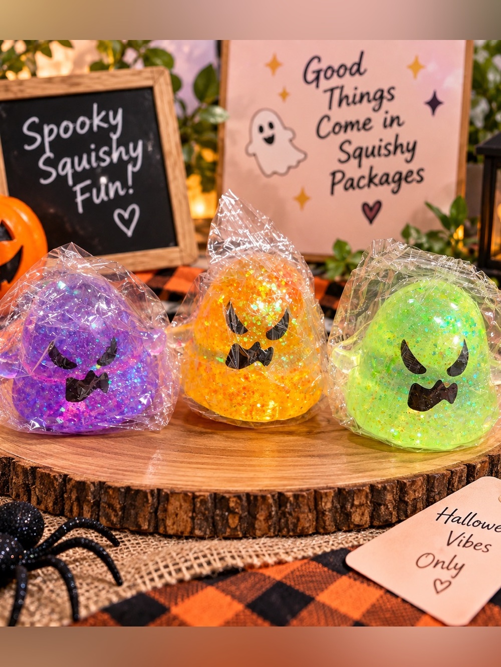 3 Halloween Squishy Ghost Stress Toys - Purple, Orange & Green